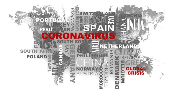 Word cloud of various nations and the word Coronoavirus