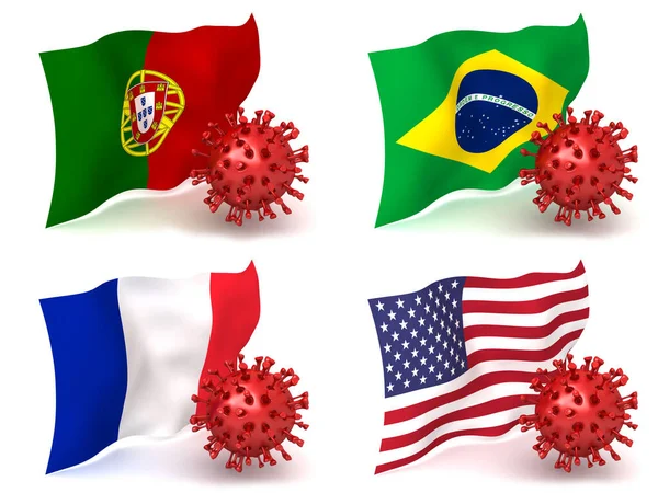 Renderizado Del Modelo Coronavirus Una Bandera Nacional — Foto de Stock