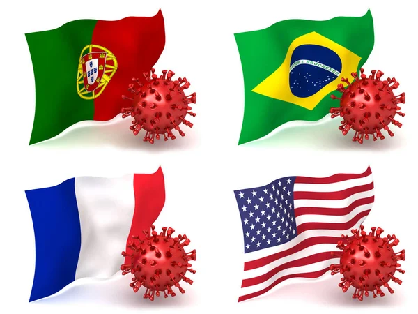 コロナウイルスモデルと国旗の3Dレンダリング ロイヤリティフリーのストック写真