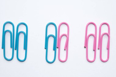 Çok renkli ataçlar rengine göre düzenlenir, ofis mavi ve pembe