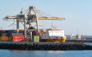 ARRECIFE, SPAIN - JANUARY 28, 2020: Ro-Ro Cargo Ship OPDR Canarias in the port of Leixoes on January 28, 2020 in Spain clipart