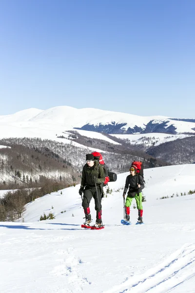 Caminhadas de inverno.Caminhadas de inverno nas montanhas em sapatos de neve com mochila e tenda . — Fotografia de Stock