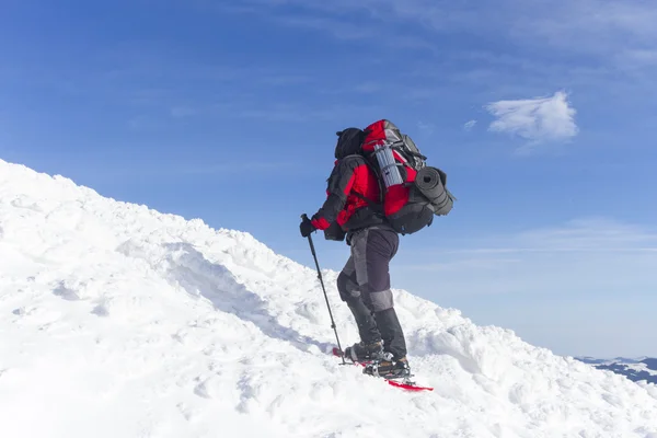 Senderismo de invierno en las montañas en raquetas de nieve con una mochila y tienda de campaña . — Foto de Stock