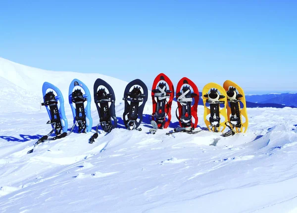 Caminhadas de inverno nas montanhas.Caminhadas de inverno nas montanhas em sapatos de neve com mochila e tenda . — Fotografia de Stock