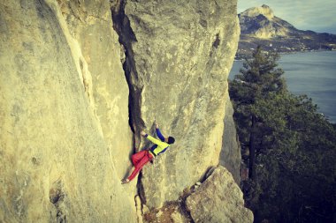 Arka planda geniş Vadisi ile kireçtaşı duvara tırmanma sallamak Climber.Young adam