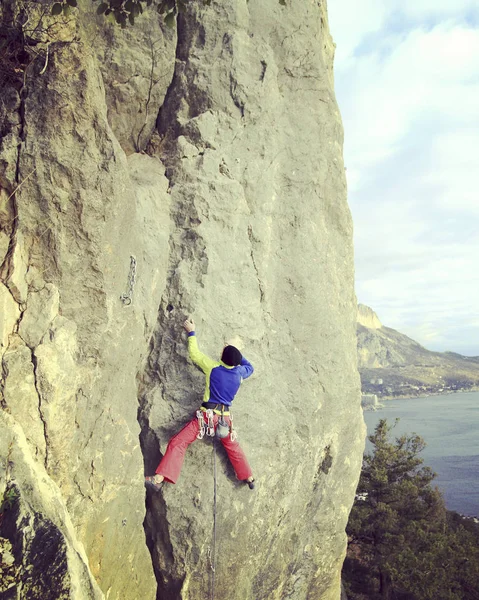 Arka planda geniş Vadisi ile kireçtaşı duvara tırmanma sallamak Climber.Young adam