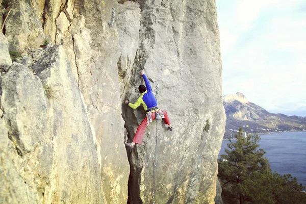 Arka planda geniş Vadisi ile kireçtaşı duvara tırmanma sallamak Climber.Young adam