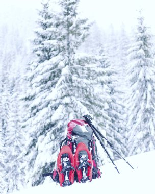 Hiking kış. Dağlarda kar ayakkabıları bir sırt çantası ve çadır hiking kış.
