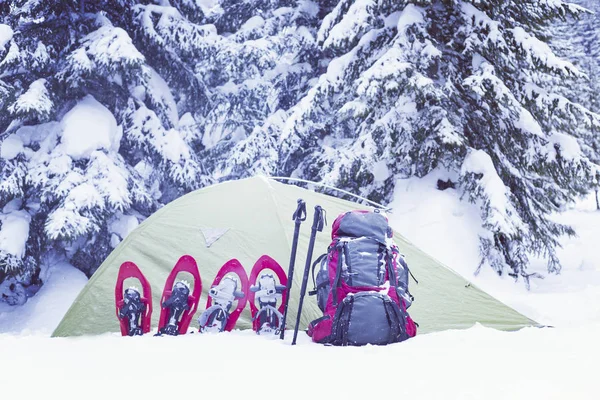 Randonnée hivernale.Randonnée hivernale en montagne en raquettes avec sac à dos et tente . — Photo