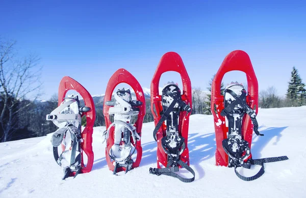 Caminhadas de inverno.Caminhadas de inverno nas montanhas em sapatos de neve com mochila e tenda . — Fotografia de Stock