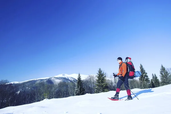 Winterwandern in den Bergen auf Schneeschuhen mit Rucksack und Zelt. — Stockfoto