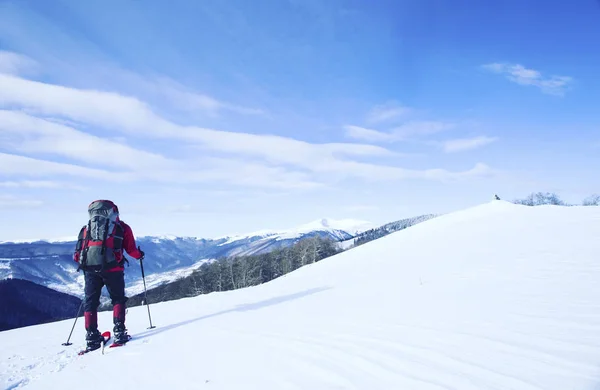 Senderismo de invierno en las montañas en raquetas de nieve con una mochila y tienda de campaña . — Foto de Stock