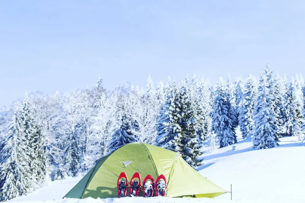 Зимние походы. Зимние походы в горы на снегоступах с рюкзаком и палаткой . — стоковое фото
