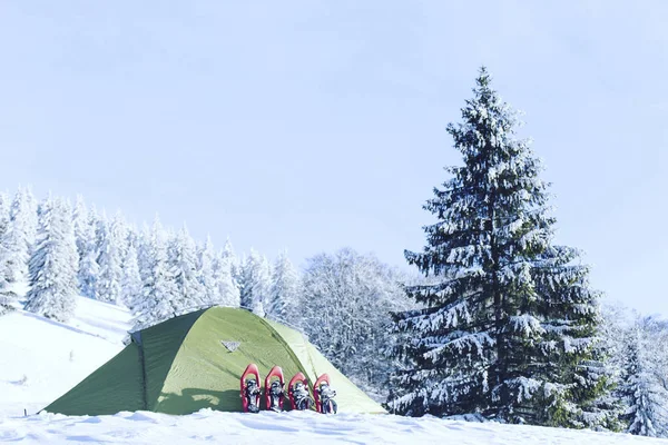 Winter hiking.Winter hiking in the mountains on snowshoes with a backpack and tent.