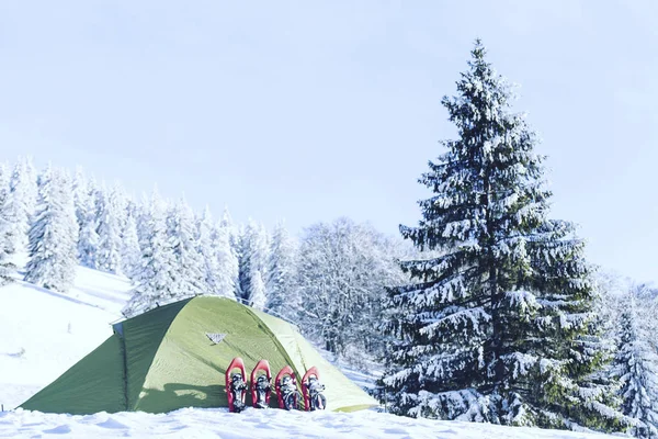 Senderismo de invierno en las montañas en raquetas de nieve con una mochila y tienda de campaña . — Foto de Stock