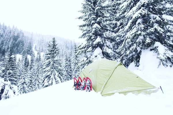 Senderismo de invierno en las montañas en raquetas de nieve con una mochila y tienda de campaña . —  Fotos de Stock