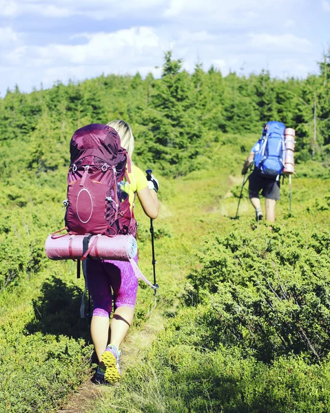 Caminhadas de verão.Caminhadas de verão nas montanhas com mochila e tenda . — Fotografia de Stock