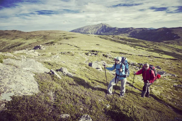 Letní turistiku. Letní pěší turistiku v horách s batohem a stan. — Stock fotografie