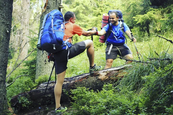 Sommerwandern. Sommerwandern in den Bergen mit Rucksack und Zelt. — Stockfoto