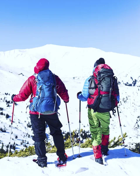 Senderismo de invierno en las montañas en raquetas de nieve con una mochila y — Foto de Stock