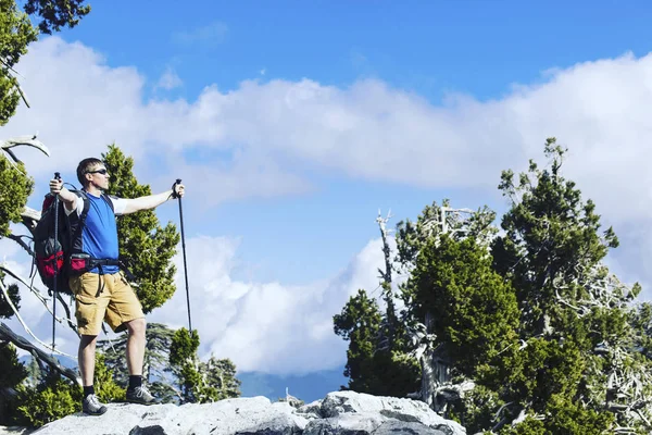 Senderismo de verano en las montañas con una mochila y tienda de campaña . — Foto de Stock