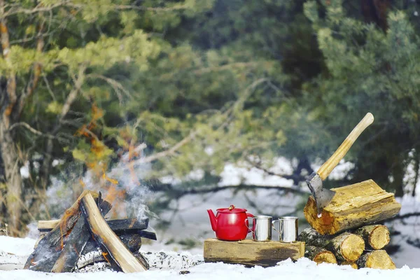 Cooking breakfast in winter camping.