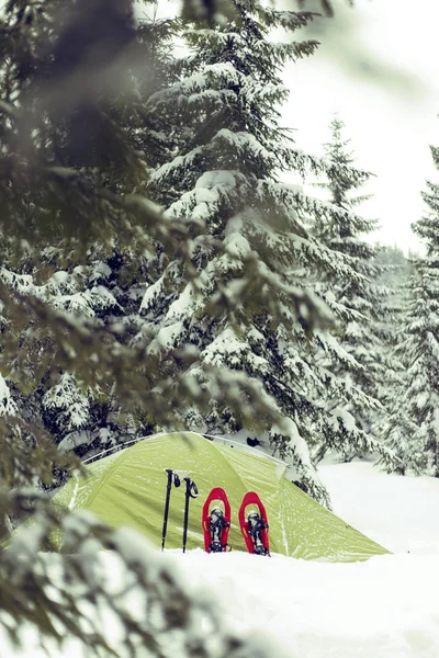 Mountaineer in snowshoes carry a backpack. Journey in the mounta