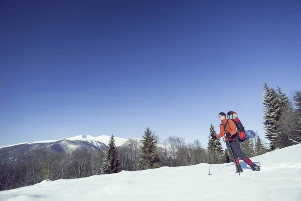 Caminata de invierno en las montañas con una mochila y tienda de campaña . —  Fotos de Stock