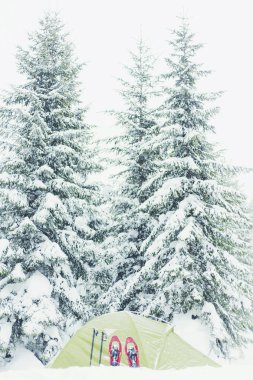 Kış dağlarda trekking. Çadır mountai üzerinde duruyor