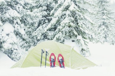 Kış dağlarda trekking. Çadır mountai üzerinde duruyor