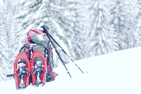 Winter wandelen in de bergen. De rugzak is op het spoortraject — Stockfoto