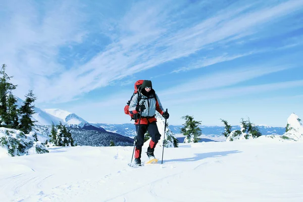 Caminata de invierno en las montañas con una mochila y tienda de campaña . — Foto de Stock