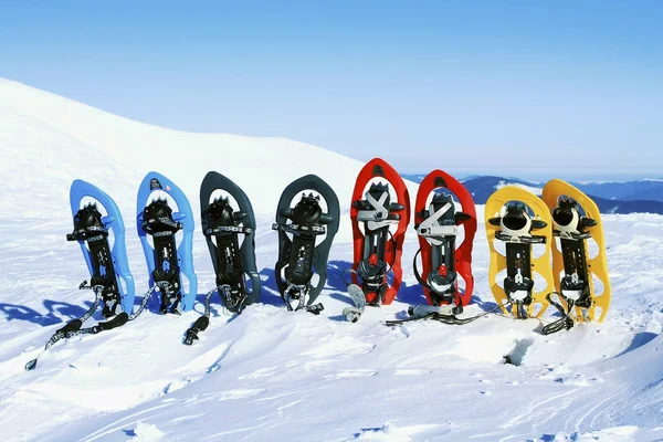 Caminhadas de inverno nas montanhas em sapatos de neve com uma mochila e — Fotografia de Stock