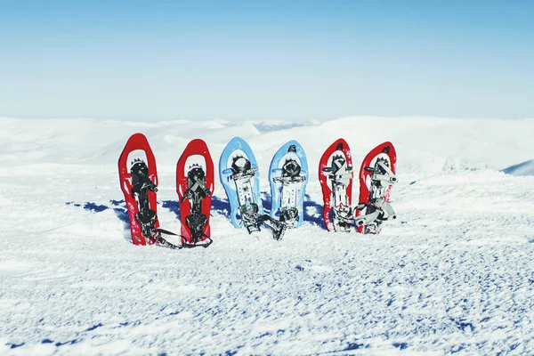 Caminhadas de inverno nas montanhas em sapatos de neve com uma mochila e — Fotografia de Stock