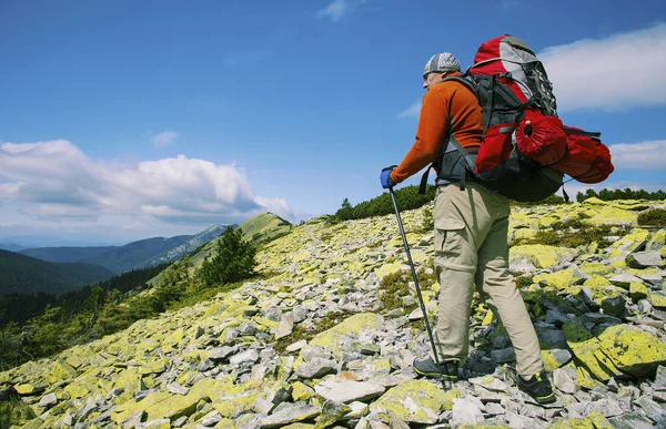 Caminata de verano en las montañas con una mochila y tienda de campaña . — Foto de Stock