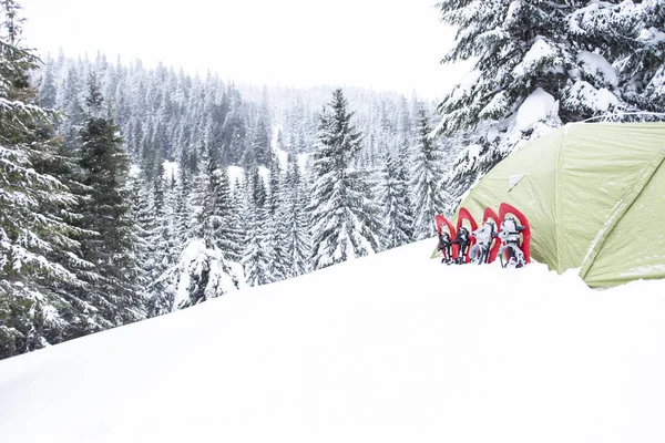 Senderismo de invierno en las montañas en raquetas de nieve con una mochila y — Foto de Stock