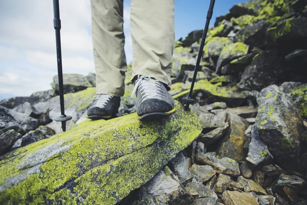 Zomer wandeling in de bergen met een rugzak en tent. — Stockfoto