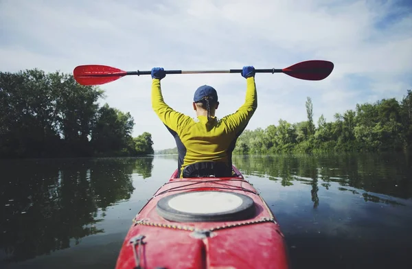 Kayak Water Sports Banner with Copy Space. Senior Kayaker on the — Stock Photo, Image