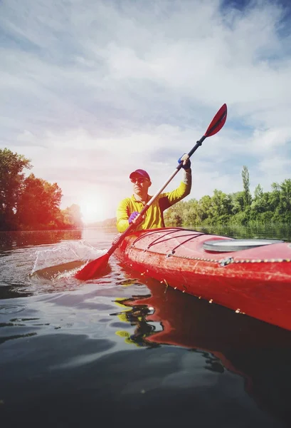 Kayak Water Sports Banner with Copy Space. Senior Kayaker on the — Stock Photo, Image