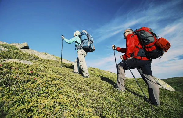 Zomer wandeling in de bergen met een rugzak en tent. — Stockfoto