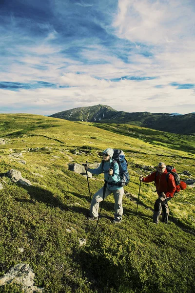 Zomer wandeling in de bergen met een rugzak en tent. — Stockfoto