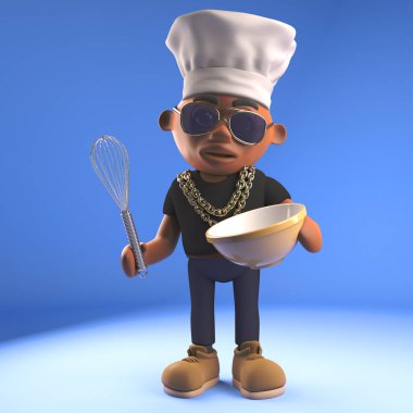 Aç siyah hiphop rapçisi şefin şapkasını takıp keki karıştırıyor.