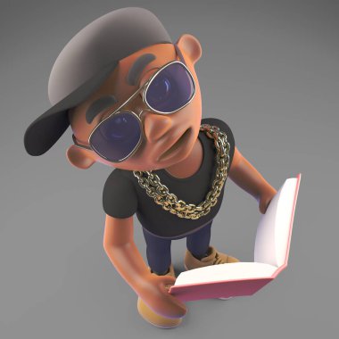Havalı siyah hiphop rapçisi bir eğitim kitabı okuyor, 3D illüstrasyon.