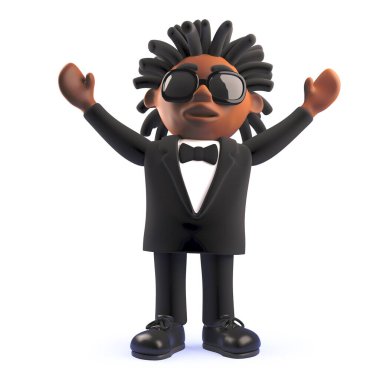 3D karikatür zenci Afrikalı Amerikalı şarkıcı kolları havada, 3D illüstrasyon