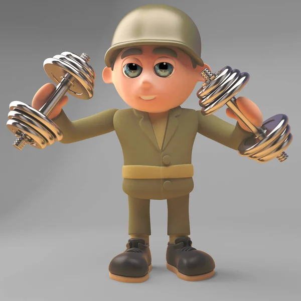 健康な軍の兵士の演習では、見事な重み、 3Dイラスト — ストック写真
