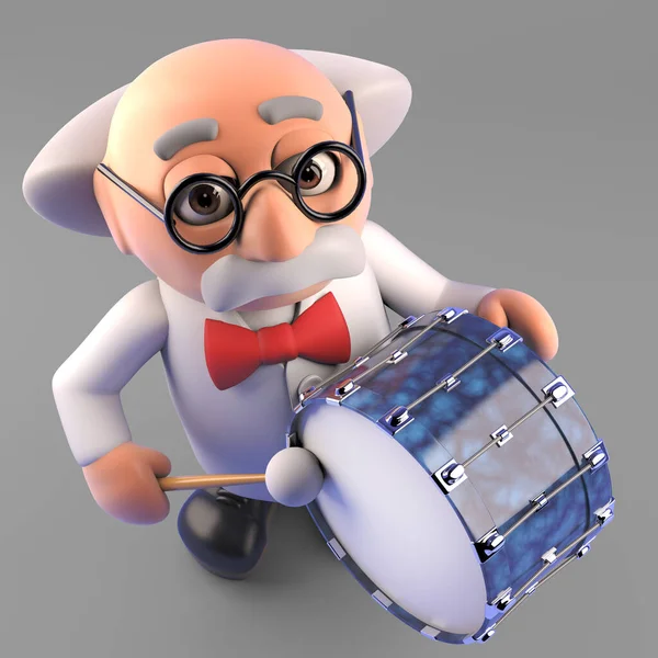 Musicalmente mente professor cientista louco tocando bateria, ilustração 3d — Fotografia de Stock