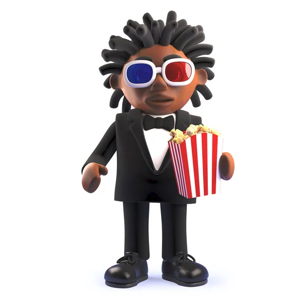 Cartoon 3d black Afro americký zpěvák bavič jíst popcorn a sledovat film, 3D ilustrace — Stock fotografie