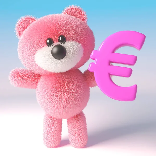Ροζ χνουδωτό 3d αρκουδάκι μαλακό παιχνίδι χαρακτήρα κρατώντας ένα ροζ ευρώ σύμβολο νόμισμα, 3d εικονογράφηση — Φωτογραφία Αρχείου