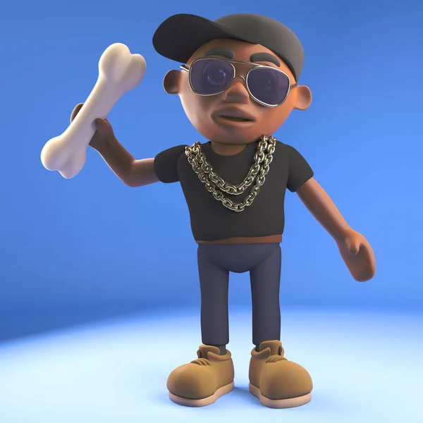 Kreskówka czarny hiphop raper w czapce baseball rzucając kość, Ilustracja 3D — Zdjęcie stockowe