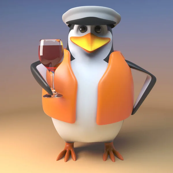 Rajzfilm 3D pingvin tengerész kapitány iszik egy szép vörösbor borospohárban, 3D illusztráció — Stock Fotó